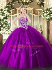 Sweetheart Sleeveless Sweet 16 Quinceanera Dress Floor Length Beading Eggplant Purple Tulle