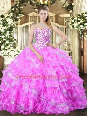 Excellent Lilac Ball Gowns Beading and Ruffled Layers 15th Birthday Dress Lace Up Organza Sleeveless Floor Length