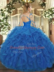 Glittering Scoop Long Sleeves Quinceanera Dresses Floor Length Lace and Ruffles Hot Pink Tulle