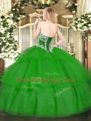 Strapless Sleeveless Quinceanera Gown Floor Length Beading and Ruffled Layers Green Tulle