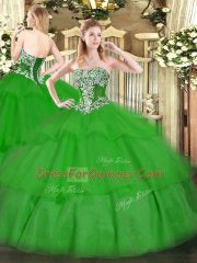 Strapless Sleeveless Quinceanera Gown Floor Length Beading and Ruffled Layers Green Tulle