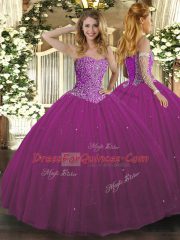 Fancy Tulle Sweetheart Sleeveless Lace Up Beading 15 Quinceanera Dress in Fuchsia