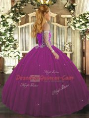 Fancy Tulle Sweetheart Sleeveless Lace Up Beading 15 Quinceanera Dress in Fuchsia