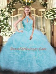 Traditional Halter Top Sleeveless Organza 15th Birthday Dress Beading and Ruffles Lace Up