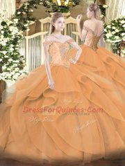 Orange Lace Up Off The Shoulder Beading and Ruffles Quinceanera Dresses Tulle Sleeveless