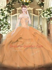 Orange Lace Up Off The Shoulder Beading and Ruffles Quinceanera Dresses Tulle Sleeveless