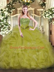 Classical Strapless Sleeveless Quinceanera Dress Floor Length Beading and Ruffles Olive Green Organza
