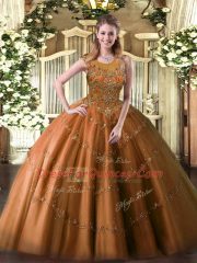 Noble Ball Gowns Quinceanera Dresses Rust Red Scoop Tulle Sleeveless Floor Length Zipper
