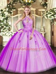 Charming Floor Length Lace Up Quinceanera Dress Fuchsia for Military Ball and Sweet 16 and Quinceanera with Lace and Appliques