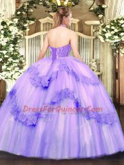 Elegant Tulle Halter Top Sleeveless Lace Up Beading and Appliques Quinceanera Gown in Lilac
