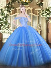 Beautiful Baby Blue Quince Ball Gowns Military Ball and Sweet 16 and Quinceanera with Beading Off The Shoulder Sleeveless Lace Up