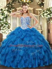 Captivating Sweetheart Sleeveless Vestidos de Quinceanera Floor Length Beading and Ruffles Blue Tulle