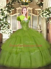 Sleeveless Tulle Floor Length Lace Up Vestidos de Quinceanera in Olive Green with Beading and Ruffled Layers