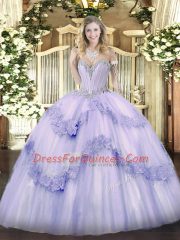 Eye-catching Sweetheart Sleeveless Quinceanera Gowns Floor Length Beading and Appliques Lavender Tulle
