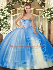Delicate Floor Length Lace Up Ball Gown Prom Dress Baby Blue for Military Ball and Sweet 16 and Quinceanera with Beading and Ruffles