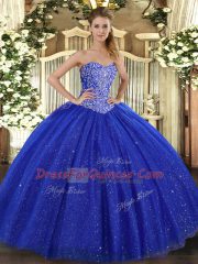 Floor Length Royal Blue Quince Ball Gowns Tulle Sleeveless Beading