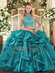 Custom Design Turquoise Organza Criss Cross 15 Quinceanera Dress Sleeveless Asymmetrical Beading and Ruffled Layers