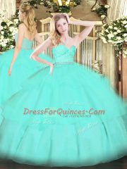 High Quality Sleeveless Floor Length Beading and Lace and Ruffled Layers Zipper Sweet 16 Dresses with Apple Green