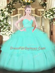 High Quality Sleeveless Floor Length Beading and Lace and Ruffled Layers Zipper Sweet 16 Dresses with Apple Green