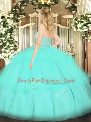 High Quality Sleeveless Floor Length Beading and Lace and Ruffled Layers Zipper Sweet 16 Dresses with Apple Green