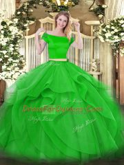 Superior Green Off The Shoulder Zipper Appliques and Ruffles Sweet 16 Dress Short Sleeves