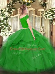 Superior Green Off The Shoulder Zipper Appliques and Ruffles Sweet 16 Dress Short Sleeves