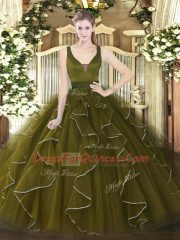 Elegant Olive Green Tulle Zipper Straps Sleeveless Floor Length Sweet 16 Dress Beading and Ruffles