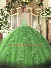 Elegant Olive Green Tulle Zipper Straps Sleeveless Floor Length Sweet 16 Dress Beading and Ruffles