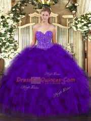 Ideal Purple Sleeveless Beading and Ruffles Floor Length Quince Ball Gowns