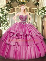Adorable Pink Sweetheart Neckline Beading and Ruffled Layers 15 Quinceanera Dress Sleeveless Lace Up