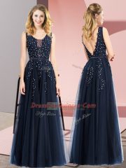 Ideal Navy Blue Backless Prom Evening Gown Beading and Appliques Sleeveless Floor Length