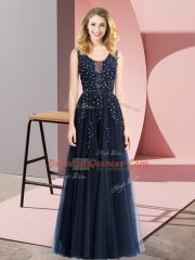 Ideal Navy Blue Backless Prom Evening Gown Beading and Appliques Sleeveless Floor Length