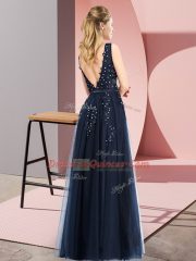 Ideal Navy Blue Backless Prom Evening Gown Beading and Appliques Sleeveless Floor Length