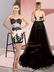 Modest White And Black Sleeveless Sweep Train Embroidery High Low Prom Party Dress