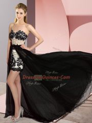 Modest White And Black Sleeveless Sweep Train Embroidery High Low Prom Party Dress
