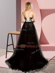 Modest White And Black Sleeveless Sweep Train Embroidery High Low Prom Party Dress