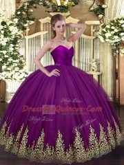 Purple Ball Gowns Tulle Sweetheart Sleeveless Appliques Floor Length Zipper Ball Gown Prom Dress