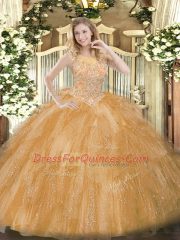 Custom Made Gold Scoop Neckline Beading and Ruffles Sweet 16 Dress Sleeveless Zipper