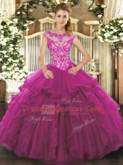 Scoop Sleeveless Organza Ball Gown Prom Dress Beading and Ruffles Lace Up