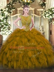 High Quality Floor Length Brown Quinceanera Gowns Organza Sleeveless Beading and Ruffles