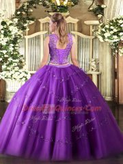 Sleeveless Tulle Floor Length Lace Up Vestidos de Quinceanera in Purple with Beading and Appliques