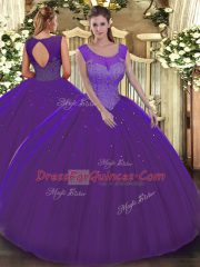 Purple Ball Gowns Scoop Sleeveless Tulle Floor Length Backless Beading Sweet 16 Dress
