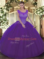 Purple Ball Gowns Scoop Sleeveless Tulle Floor Length Backless Beading Sweet 16 Dress