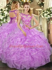 Lilac Cap Sleeves Floor Length Beading and Appliques and Ruffles Lace Up Vestidos de Quinceanera