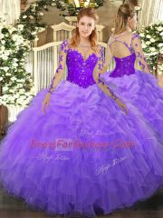 Exceptional Organza Scoop Long Sleeves Lace Up Lace and Ruffles 15 Quinceanera Dress in Lavender