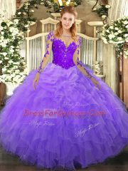 Exceptional Organza Scoop Long Sleeves Lace Up Lace and Ruffles 15 Quinceanera Dress in Lavender