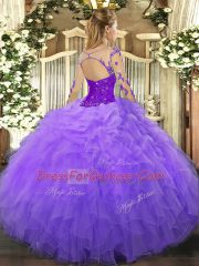 Exceptional Organza Scoop Long Sleeves Lace Up Lace and Ruffles 15 Quinceanera Dress in Lavender