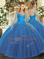 Custom Made Long Sleeves Floor Length Lace Lace Up Sweet 16 Quinceanera Dress with Teal