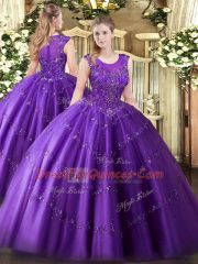Purple Ball Gowns Tulle Scoop Sleeveless Beading and Appliques Floor Length Zipper Sweet 16 Dresses