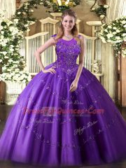 Purple Ball Gowns Tulle Scoop Sleeveless Beading and Appliques Floor Length Zipper Sweet 16 Dresses